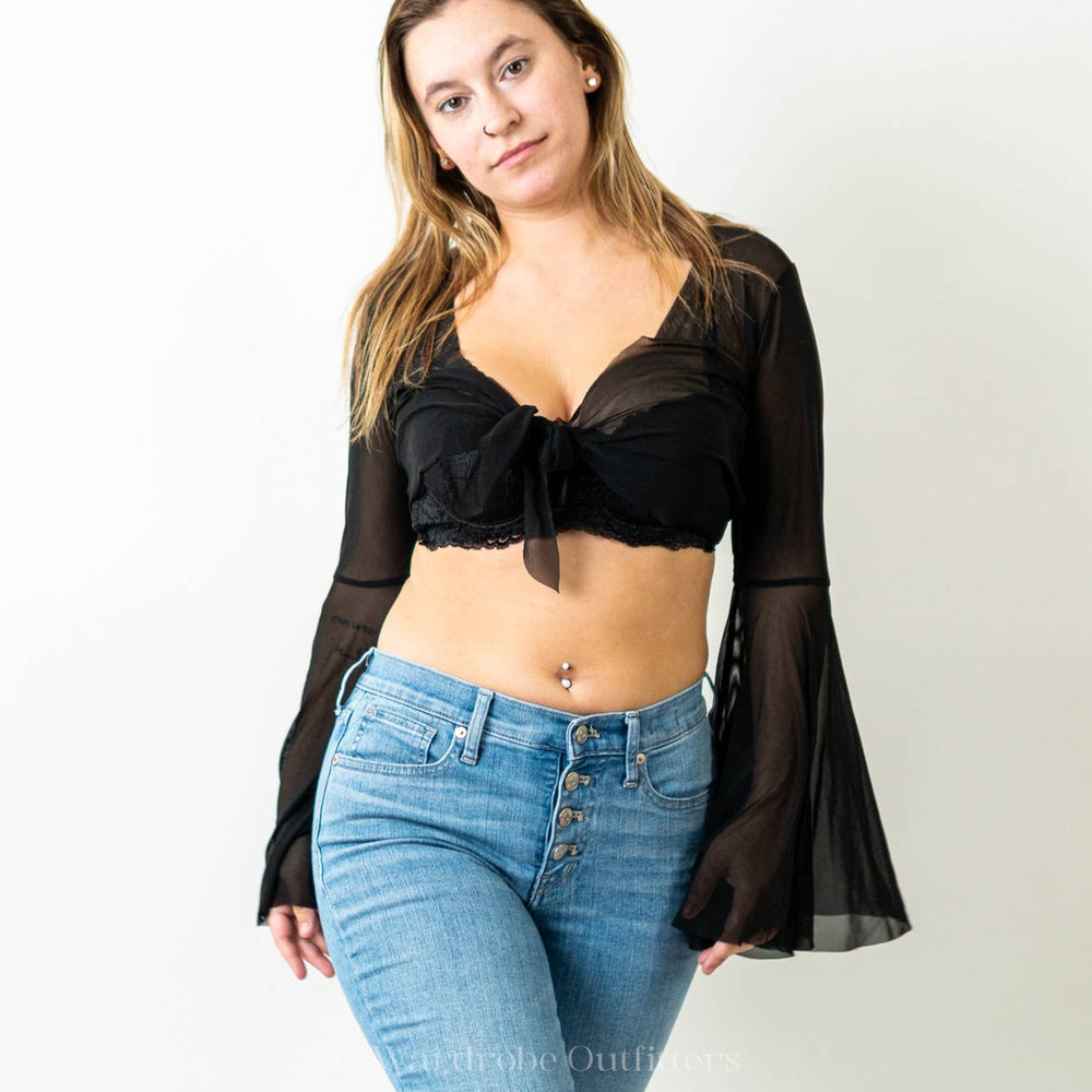 Goth Sheer Black Flounce Sleeve Wrap Top - Picture 5 of 9
